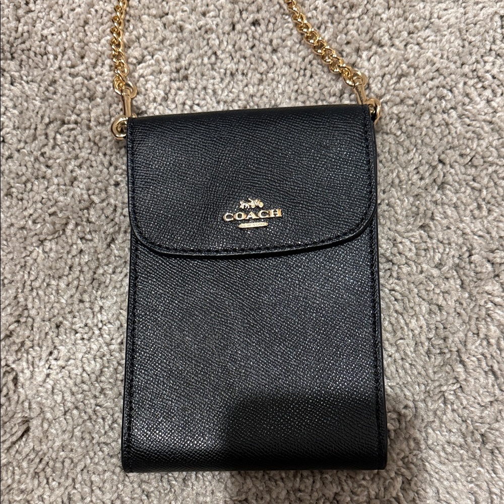 Coach Black Leather Rachel Phone Crossbody with Gold Chain